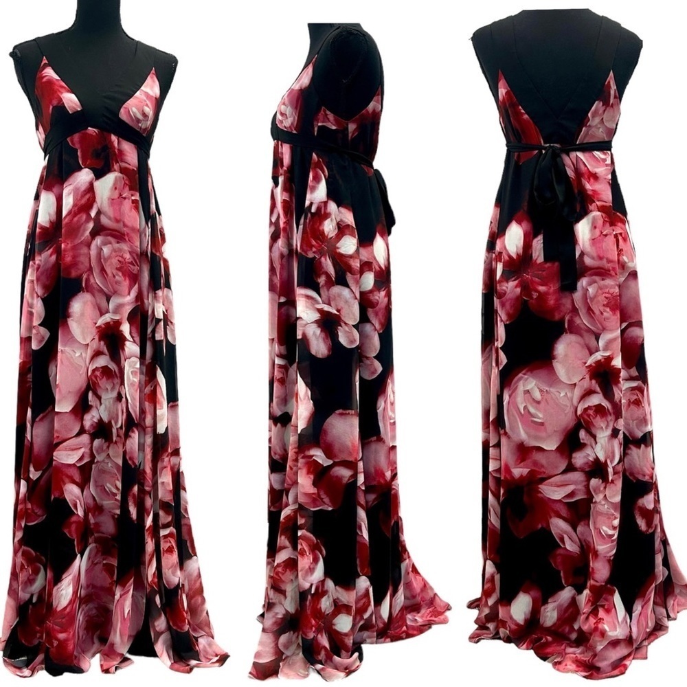 Rw&co pink red rose floral flower V neck maxi dress Sz XS